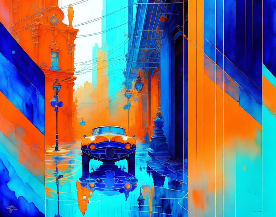 Colorful street scene with classic car in blue and orange tones