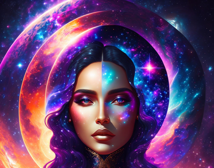 Cosmic-themed digital artwork of a woman's face with celestial colors