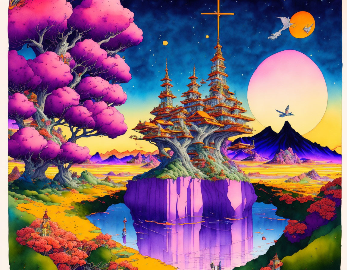 Fantasy landscape with pagoda on floating island, purple trees, distant mountains, pink moon