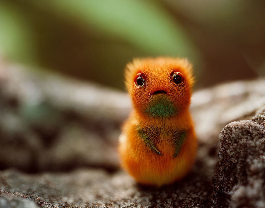 Fuzzy orange creature with soulful eyes on rock gazes curiously.