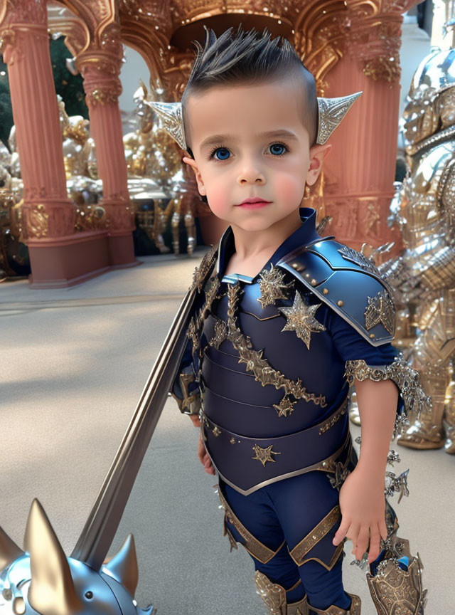 Child in knight costume with sword by mirrored sculpture