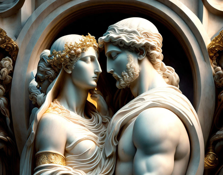 Classical sculpture of man and woman in tender moment