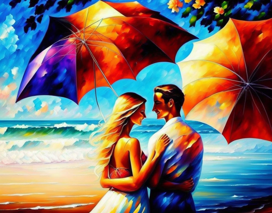 Colorful Painting of Couple Embracing on Beach with Umbrellas