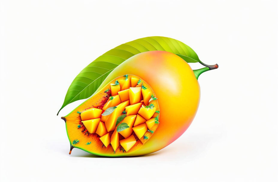 Ripe mango with checkered cut, green leaf, white background