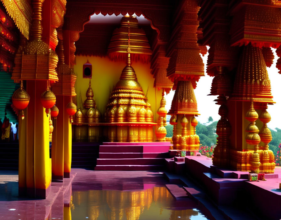 Ornate golden domes and colorful columns in vibrant temple interior