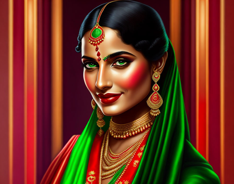 Traditional Indian Attire and Jewelry Illustration in Green Sari