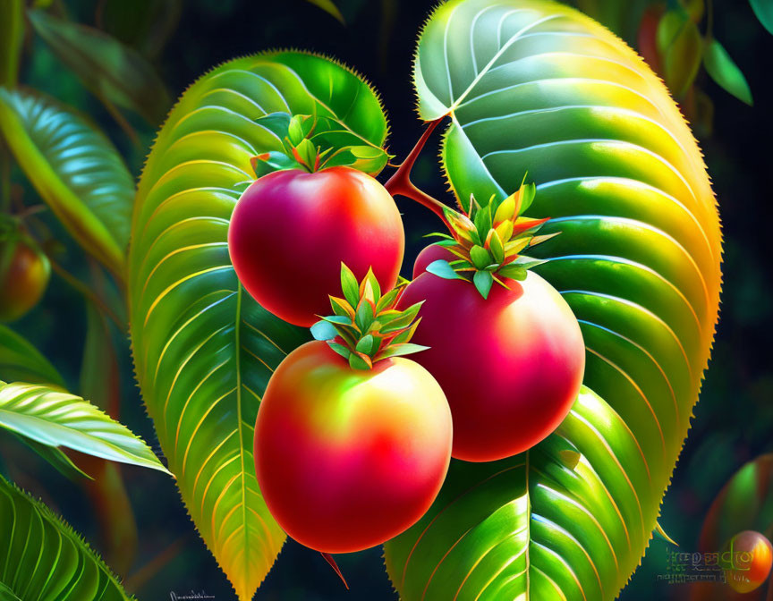 Vibrant red to yellow gradient ripe tomatoes among lush green leaves