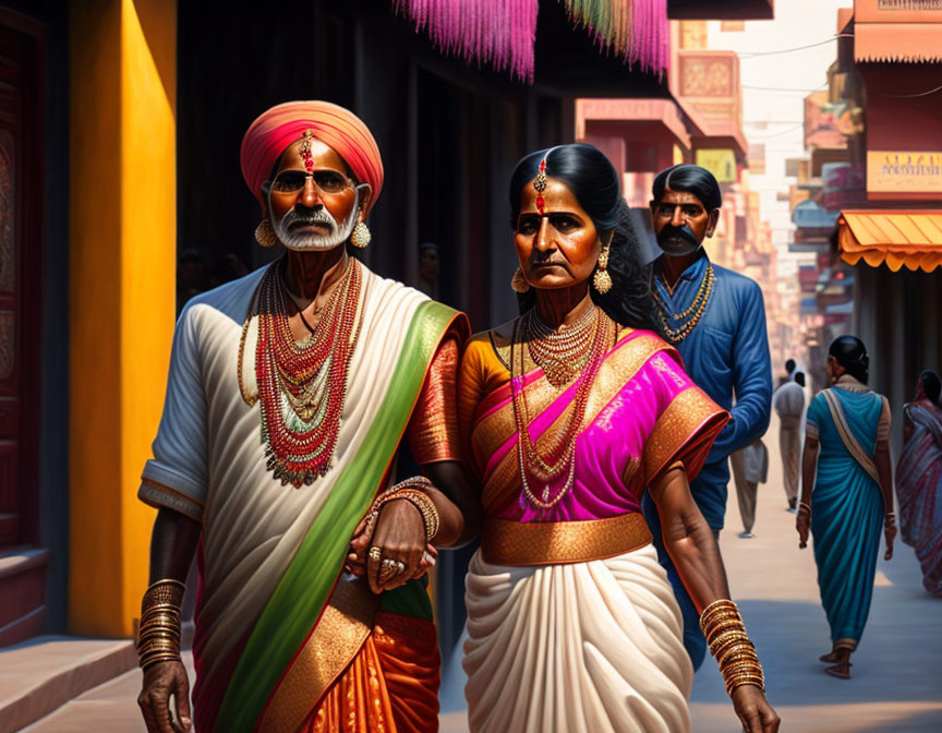 Elderly couple in traditional Indian attire strolling on vibrant street