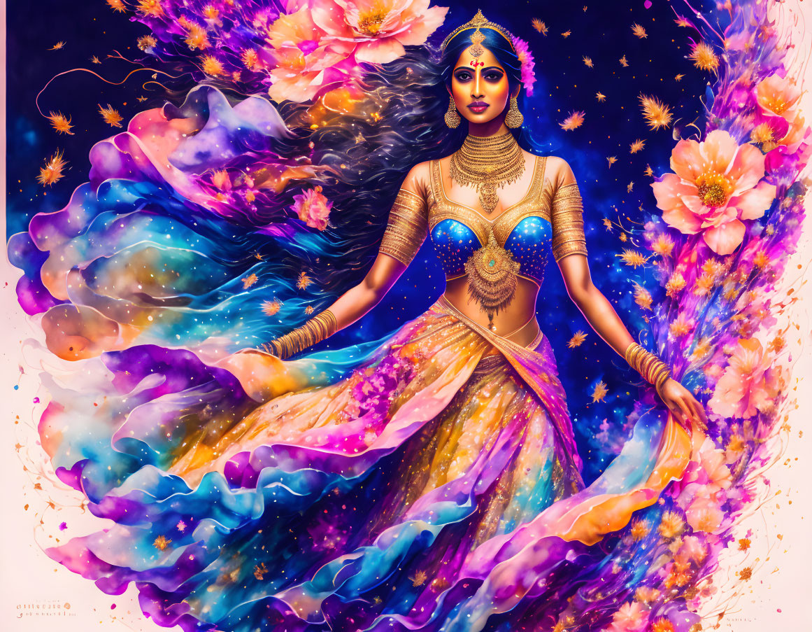 Vibrant goddess artwork with multiple arms and golden jewelry in cosmic floral setting