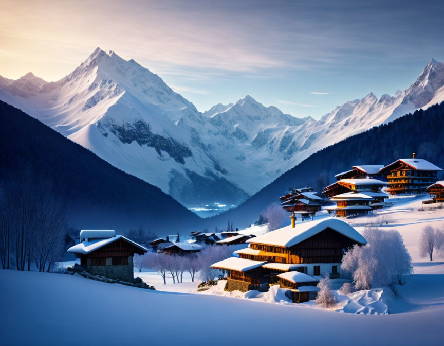 Snow-covered chalets in Alpine village at dusk.