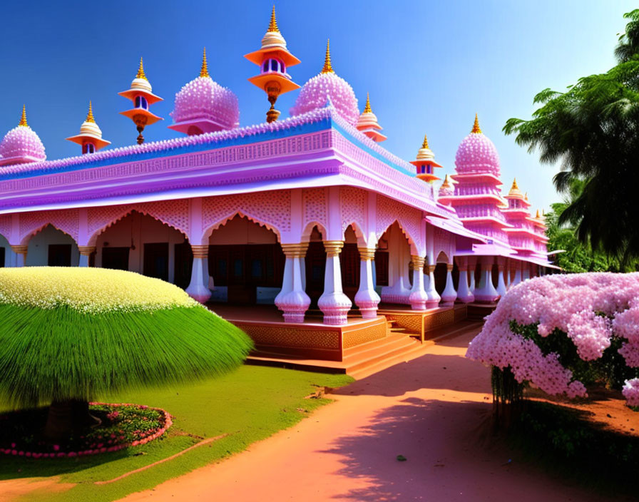 Traditional Indian-style architecture with pink domes and lush greenery