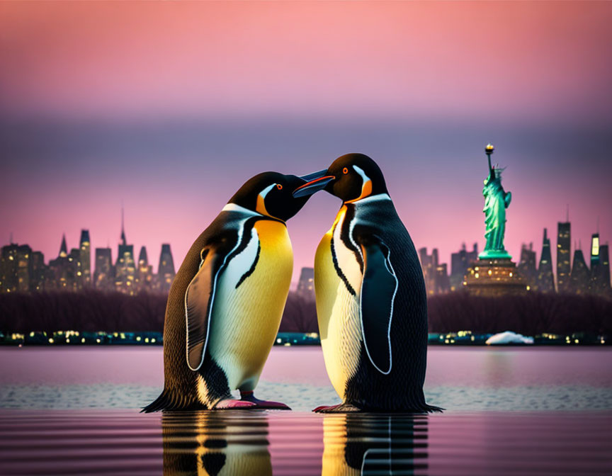 Penguins at sunset with Statue of Liberty and NYC skyline reflection