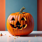 Smiling jack-o'-lantern face carved on pumpkin against orange and teal background