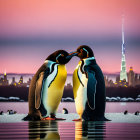 Penguins at sunset with Statue of Liberty and NYC skyline reflection