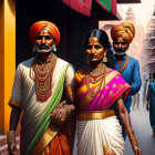 Elderly couple in traditional Indian attire strolling on vibrant street