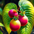 Vibrant red to yellow gradient ripe tomatoes among lush green leaves