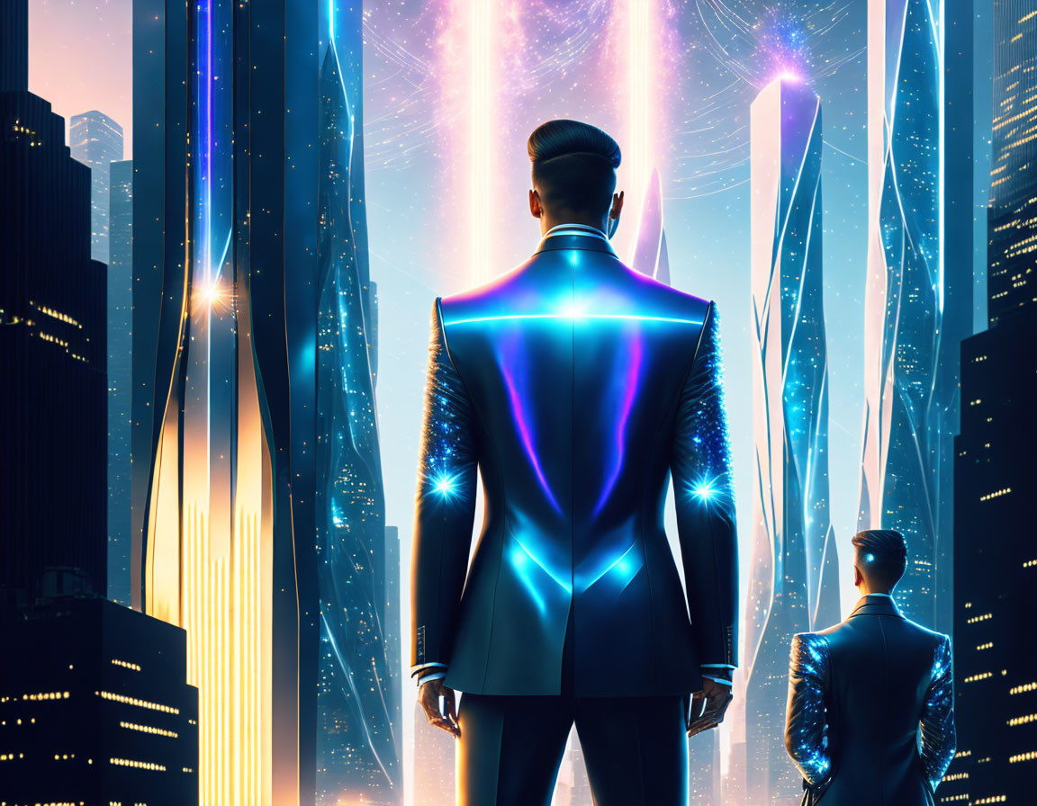 Glowing suit man gazes at neon cityscape reflection