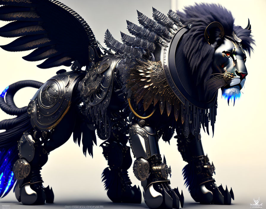 Digital artwork of lion with mechanical wings and armor, organic and cybernetic mix.