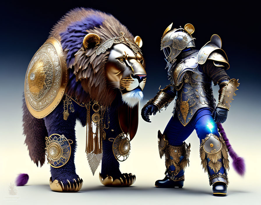 Regal lion and knight in golden and blue armor pose together