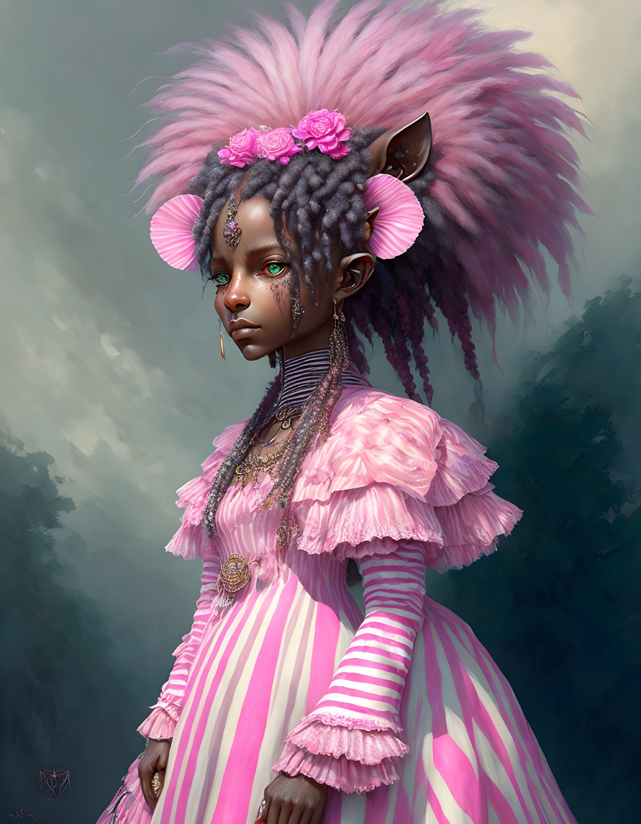 Fantasy character in pink-striped dress with elfin ears and vibrant floral hair.