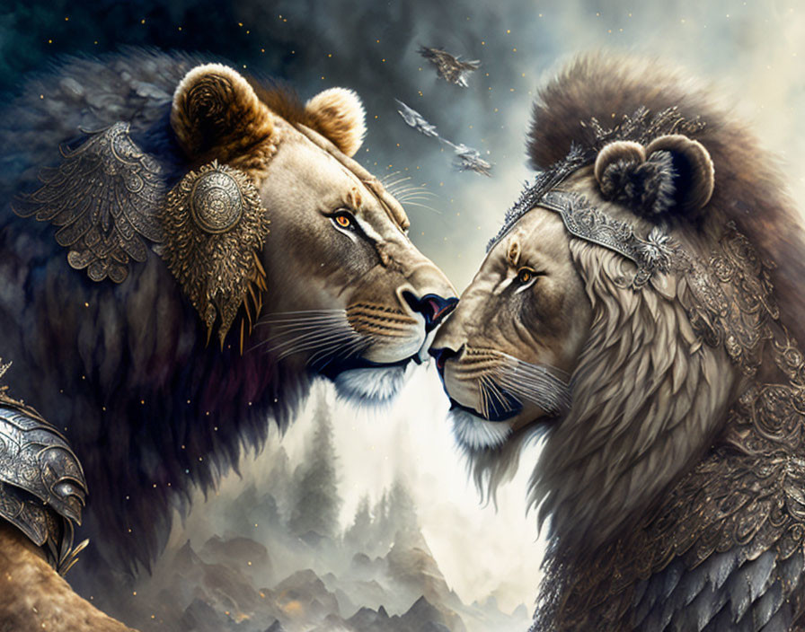 Majestic lions with elaborate manes touching noses under starry sky