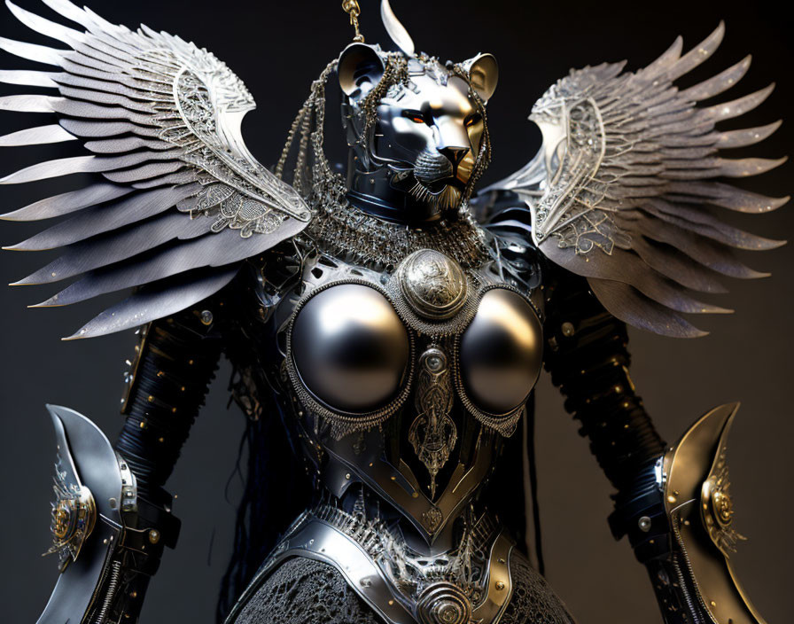 Detailed 3D Rendering of Anthropomorphic Black Panther in Ornate Dark Armor