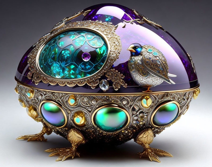 Purple and Blue Jeweled Egg with Bird Figurine and Gold Detailing