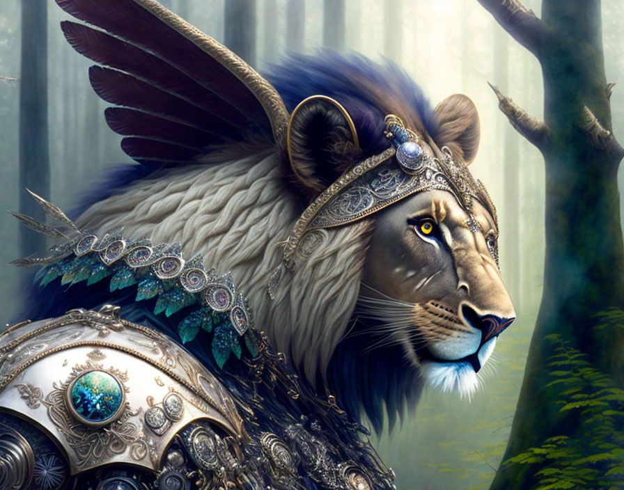 Regal lion with feather and jewel-adorned mane in ornate armor against mystical forest.