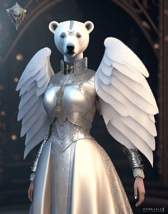 Regal polar bear in metallic dress with angelic wings in sophisticated hall