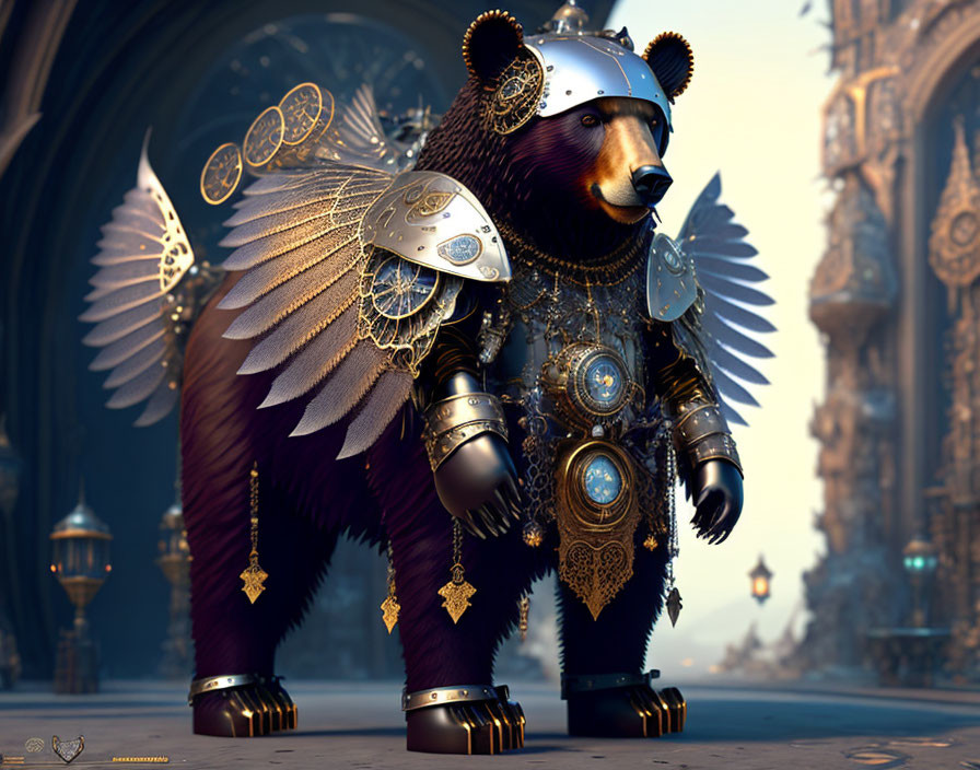 Fantasy Gothic digital art: Anthropomorphic bear in ornate armor with wings