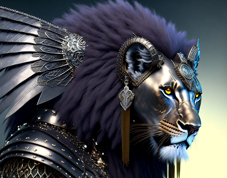 Fantasy lion with metallic wings and jeweled adornments on gradient background