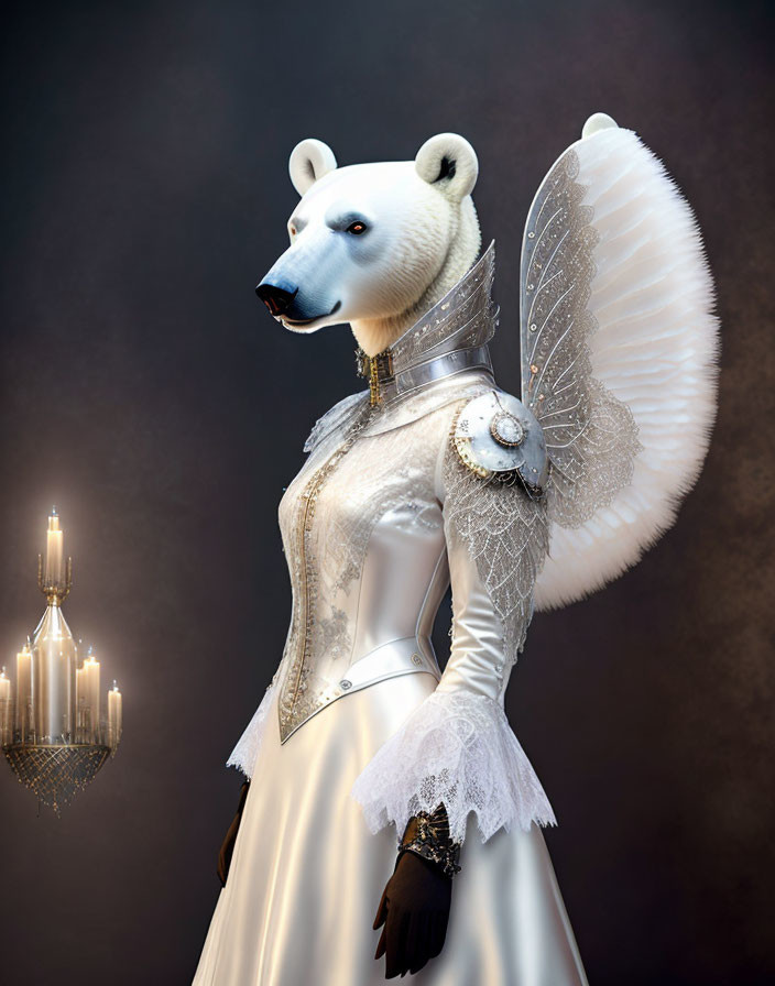 Anthropomorphic polar bear in white dress and armor next to glowing chandelier