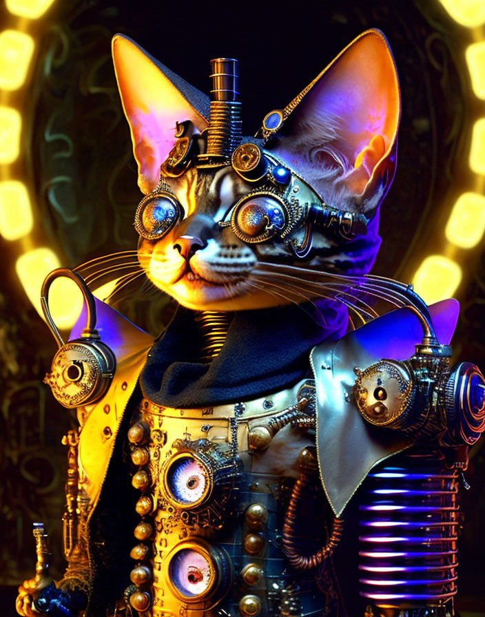 Steampunk-inspired cat with mechanical goggles and cloak in front of glowing gears.