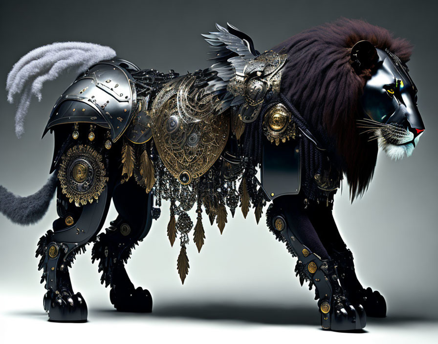 Mechanical lion with intricate armor and steampunk design.