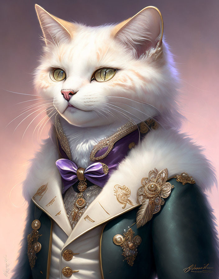 Regal white cat in uniform with purple bow and gold details