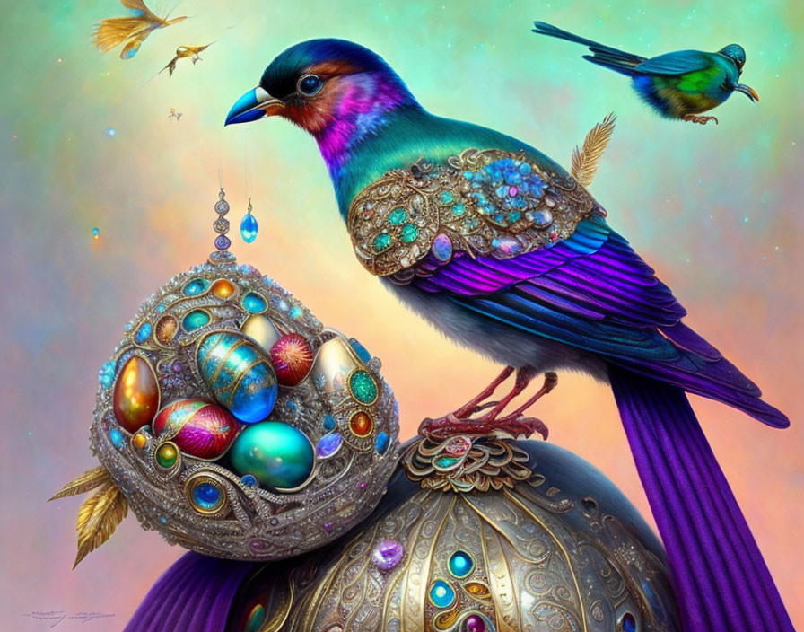 Majestic bird perched on jeweled egg in vibrant digital painting