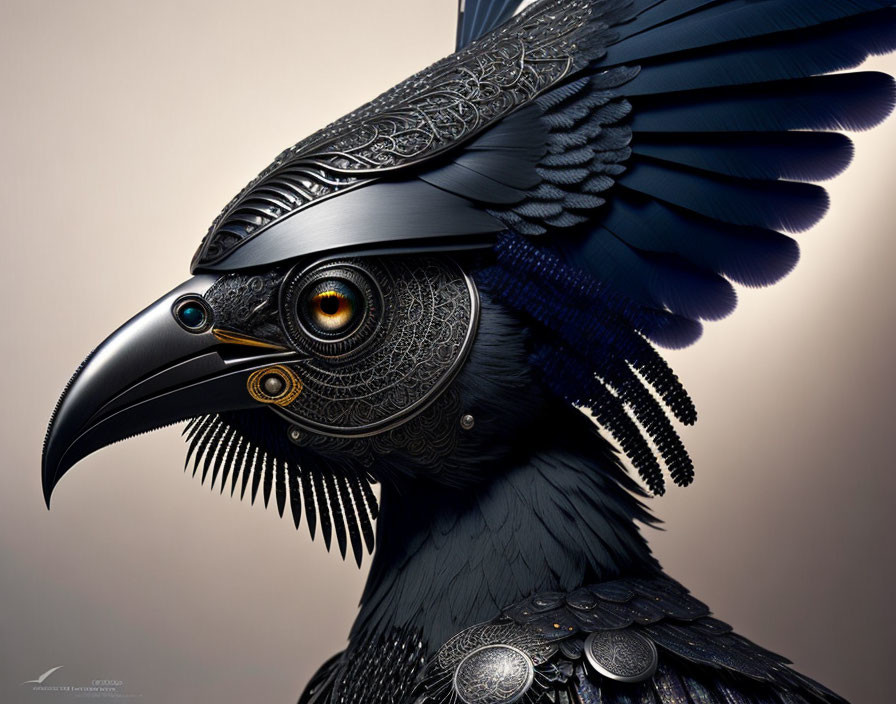 Detailed illustration of mechanical bird with engraved metallic feathers and gear eyes, blending avian and steampunk