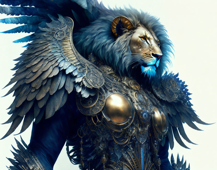 Majestic mythical creature with lion head and bird wings in ornate armor