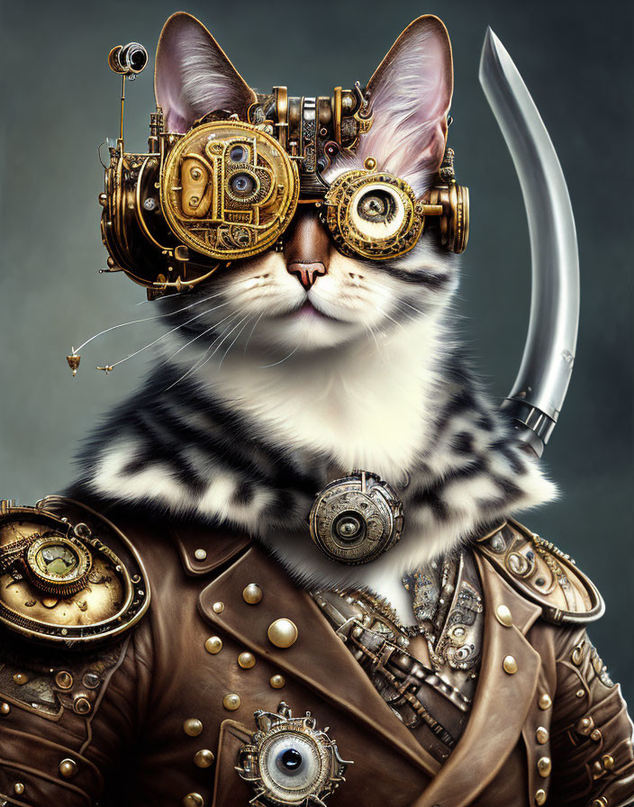 Steampunk Cat Artwork with Mechanical Goggles and Knife