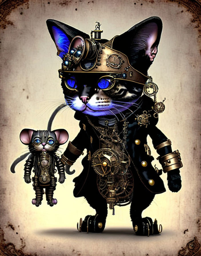 Steampunk cat and mouse in brass goggles and mechanical outfits on vintage paper.