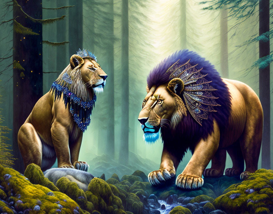 Stylized lion images with mystical forest decorations