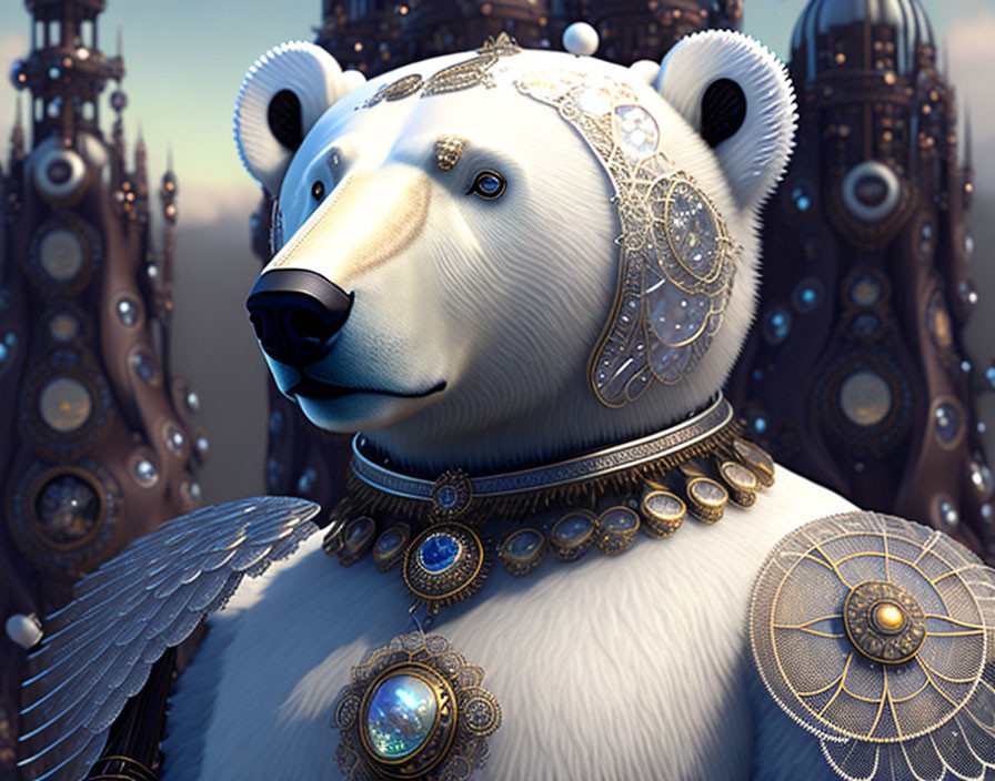 Polar bear with gold and jewel accessories in ornate metallic setting