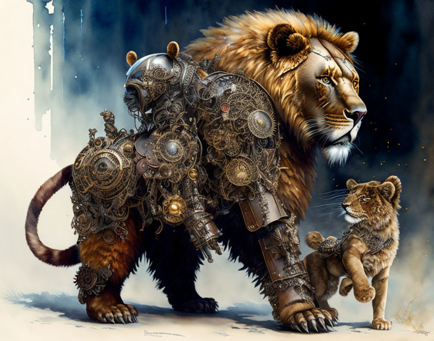 Steampunk-style mechanical lion next to a lion cub