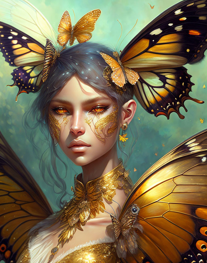 Fantasy illustration: Person with butterfly wings and golden accessories