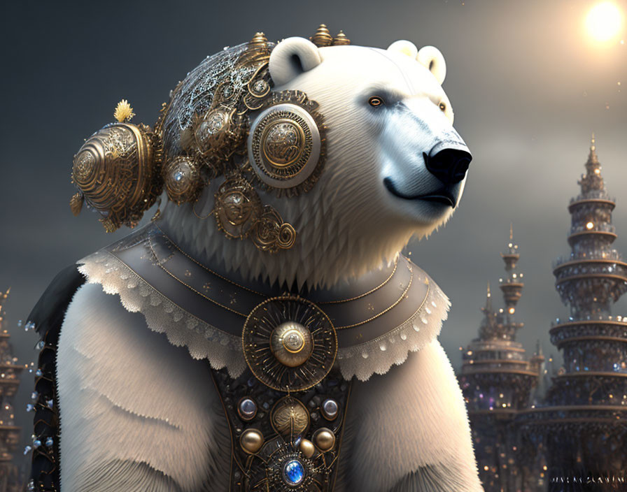 Majestic polar bear in steampunk armor against evening sky