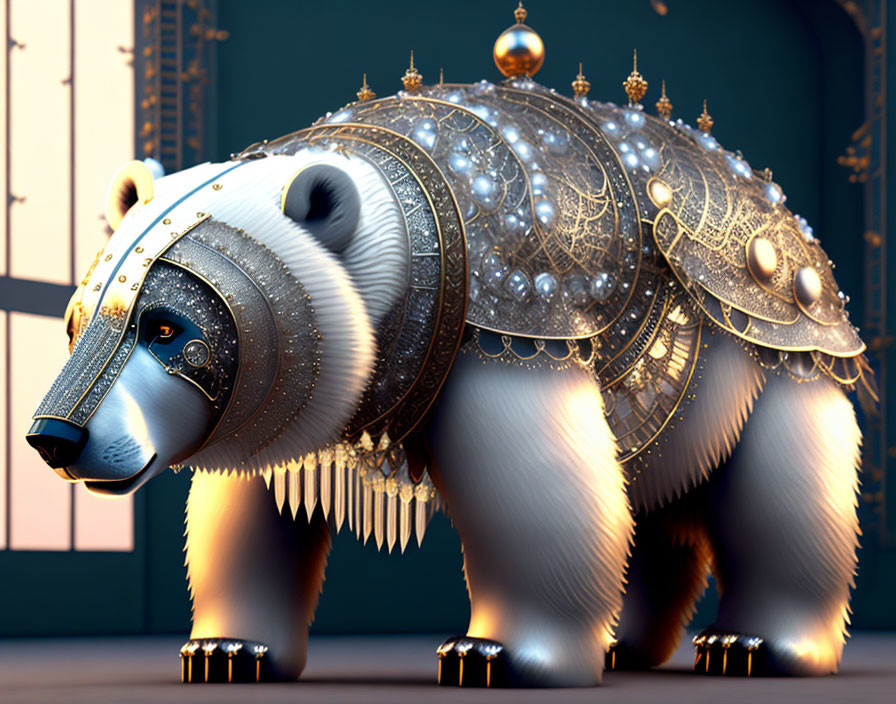 Steampunk-style mechanical bear illustration on blue background