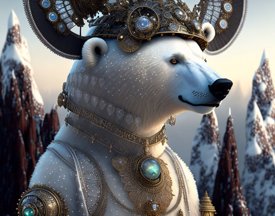 Regal Polar Bear with Gold & Jewel Embellishments on Snowy Mountain