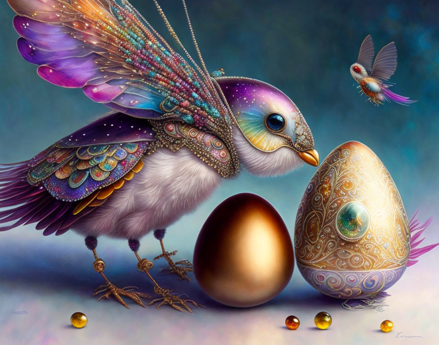 Colorful bird with butterfly wings, golden egg, and tiny hummingbird in magical scene