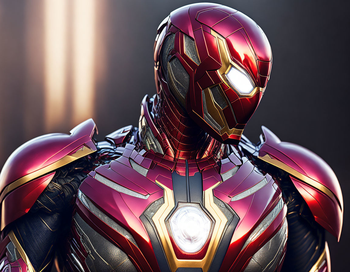 Detailed Iron Man suit with red and gold helmet and glowing arc reactor
