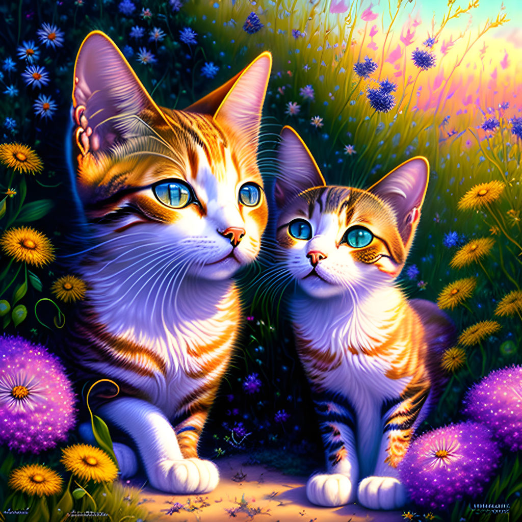 Colorful Whimsical Cats Among Purple Flowers at Twilight